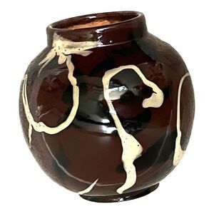 Vietri round terracotta glazed vase brown black tan collection modern Italy 6”.